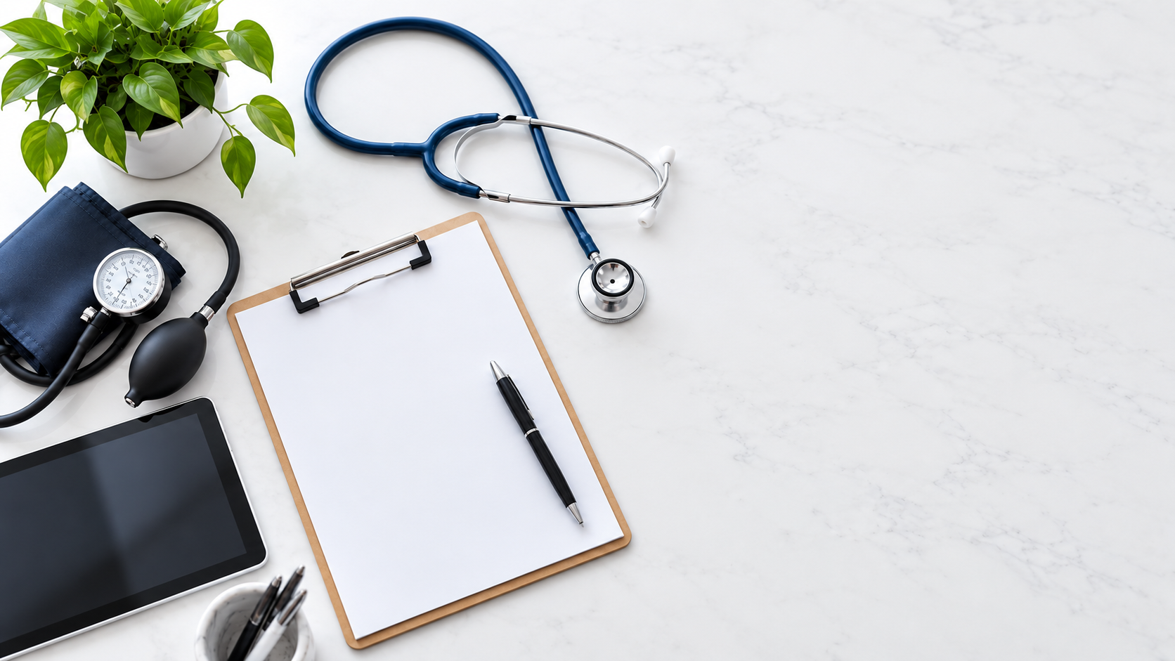 Stethoscope, blood pressure cuff and a blank clipboard ready for an appointment