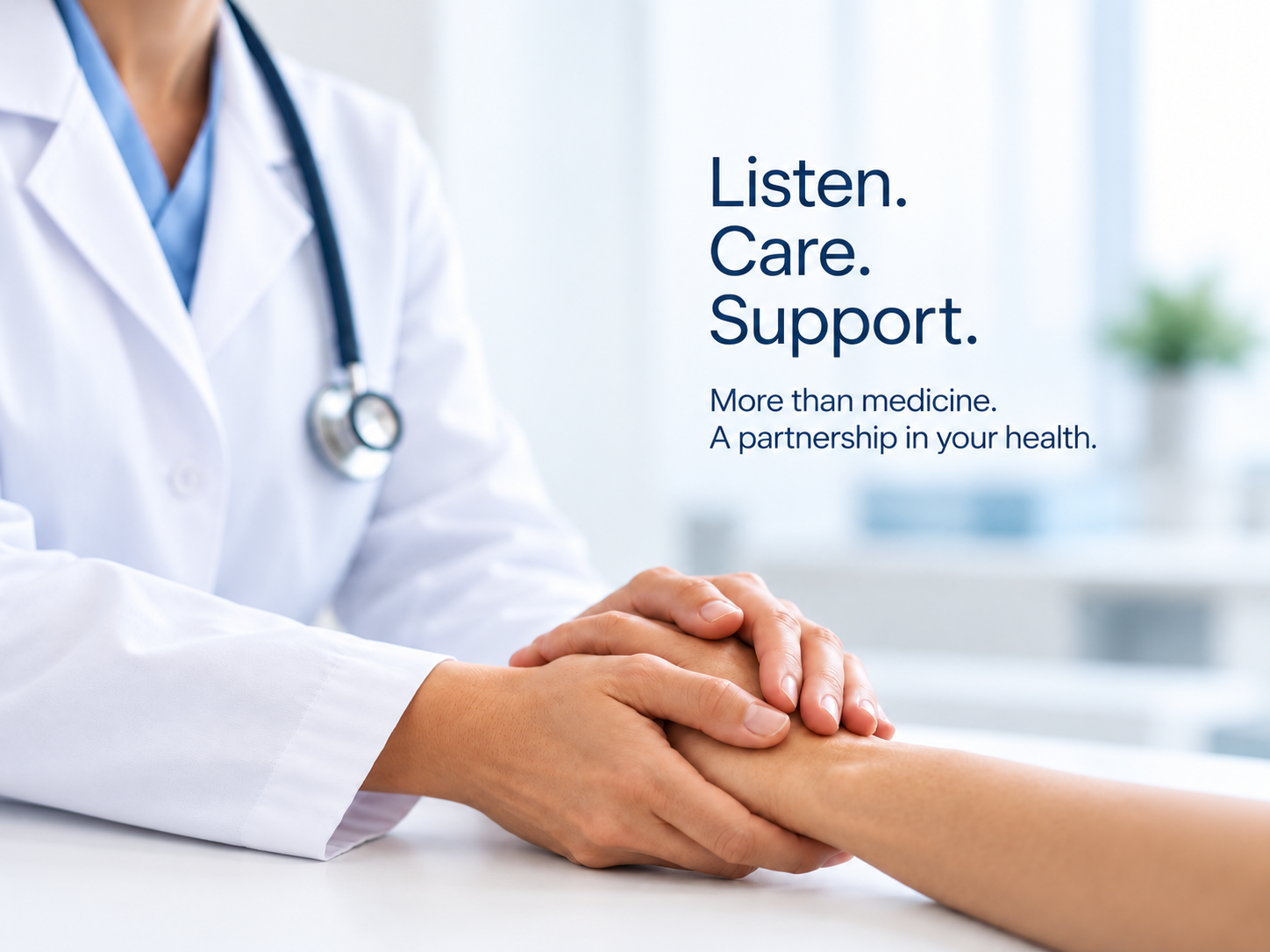 Hands held in support. Listen. Care. Support. More than medicine. A partnership in your health.