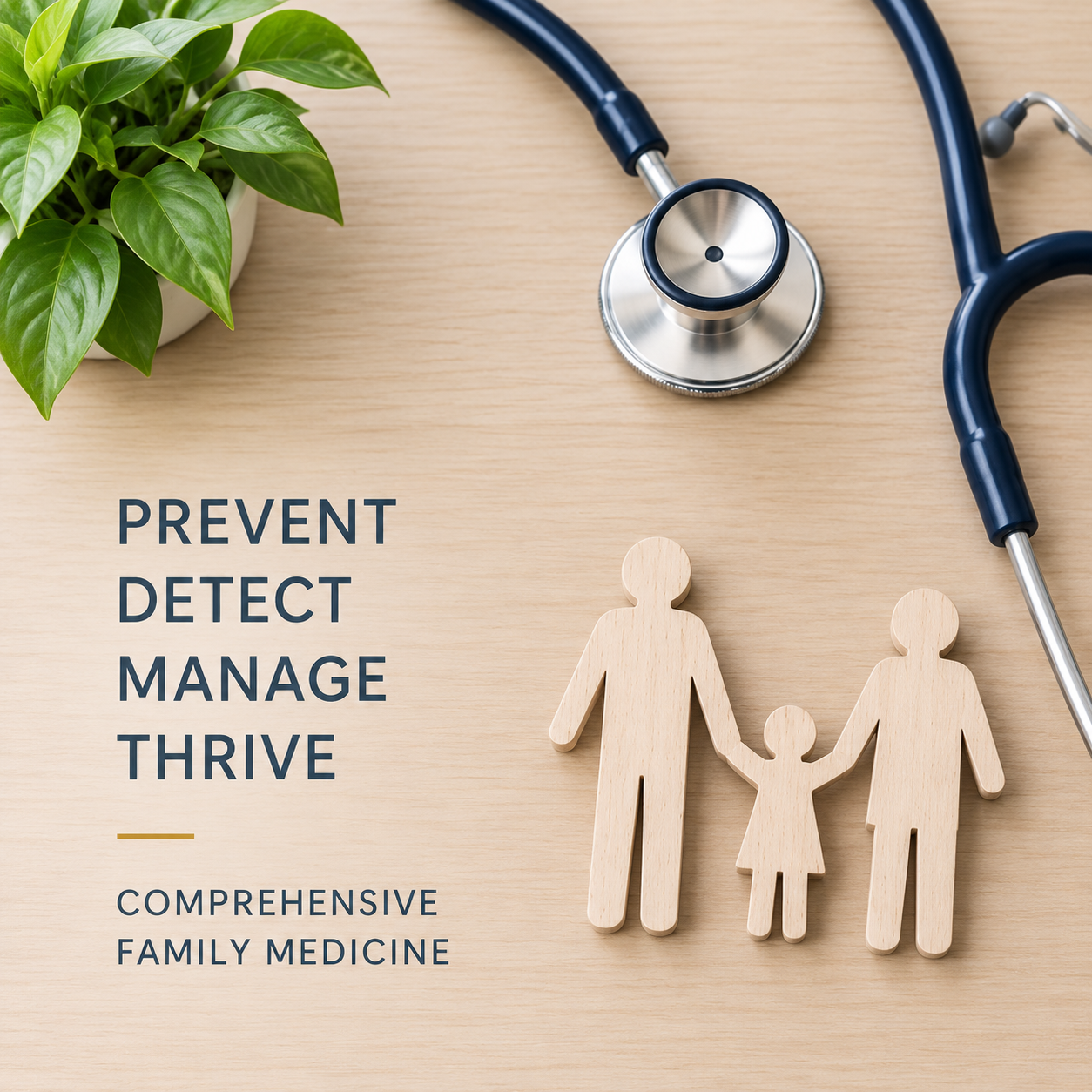 Stethoscope and wooden family. Prevent, detect, manage, thrive. Comprehensive family medicine.