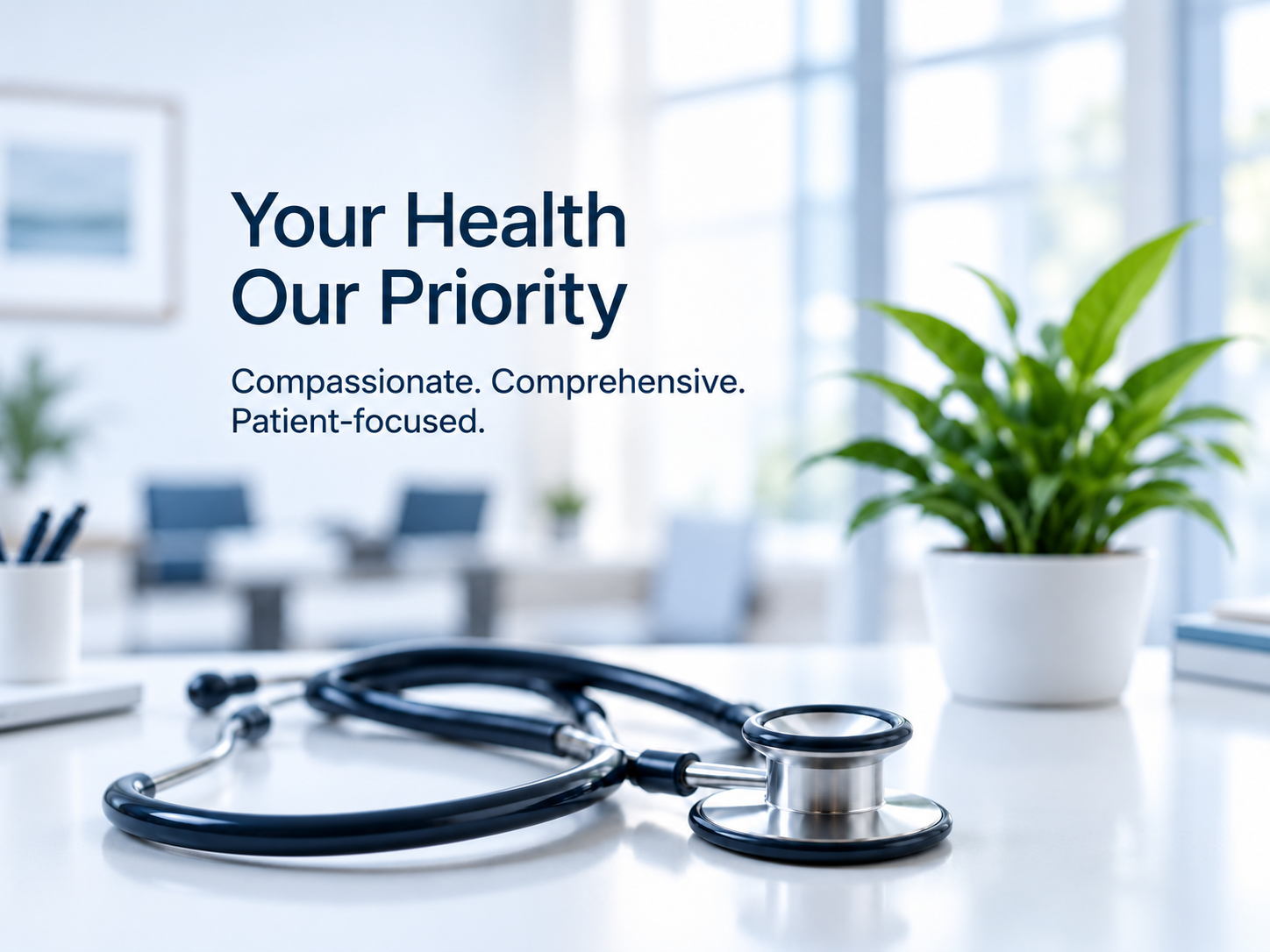 Stethoscope and plant. Your health, our priority. Compassionate. Comprehensive. Patient-focused.