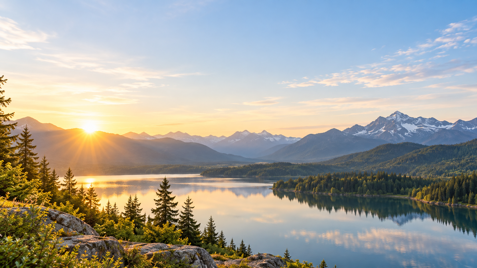 Sunrise over a mountain lake and evergreen forest