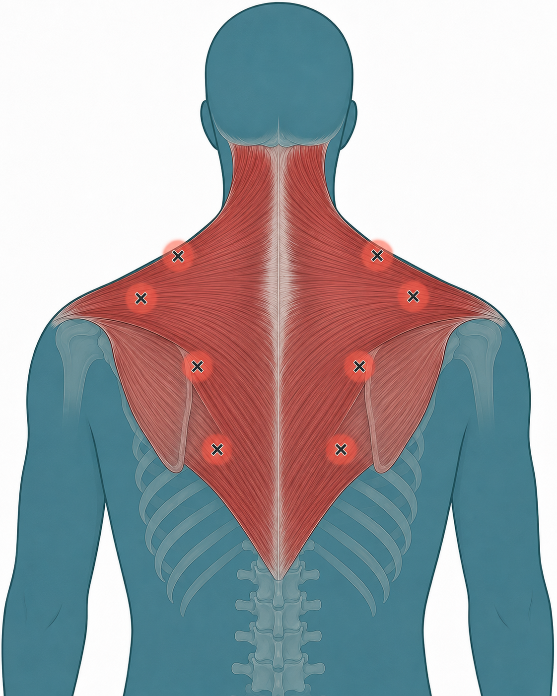 TRIGGERED course illustration showing trigger point sites in the upper back muscles