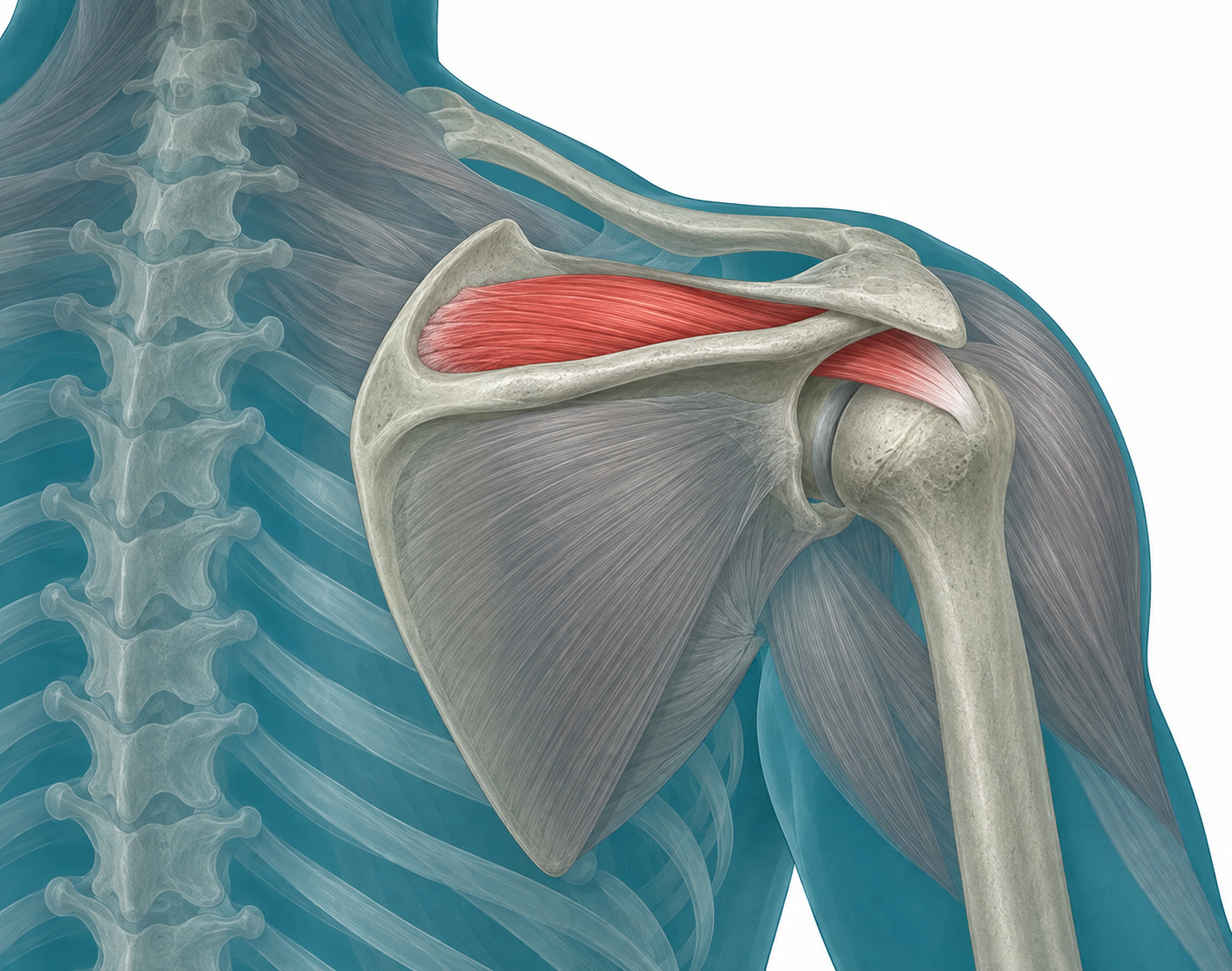 Anatomical illustration of the scapula, shoulder muscles and tendons