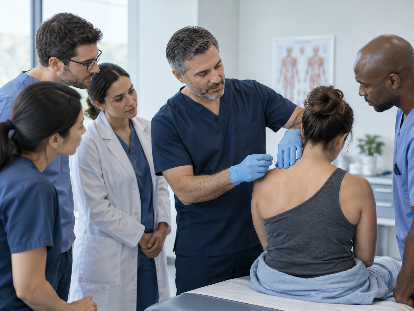 Clinicians observing a shoulder examination demonstration
