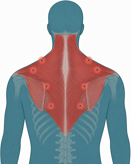 Trapezius shown across the upper back and shoulders